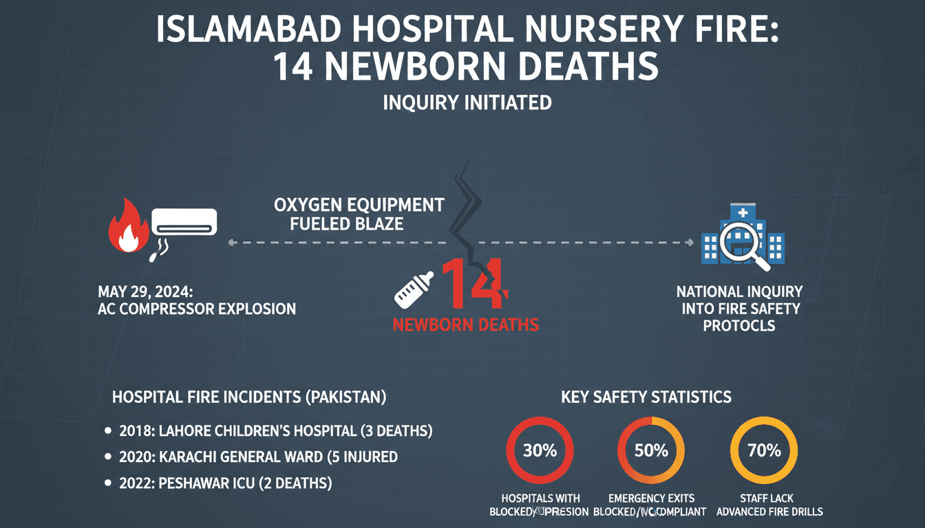 Infographic detailing the Islamabad hospital nursery fire and its impact on newborn safety standards.
