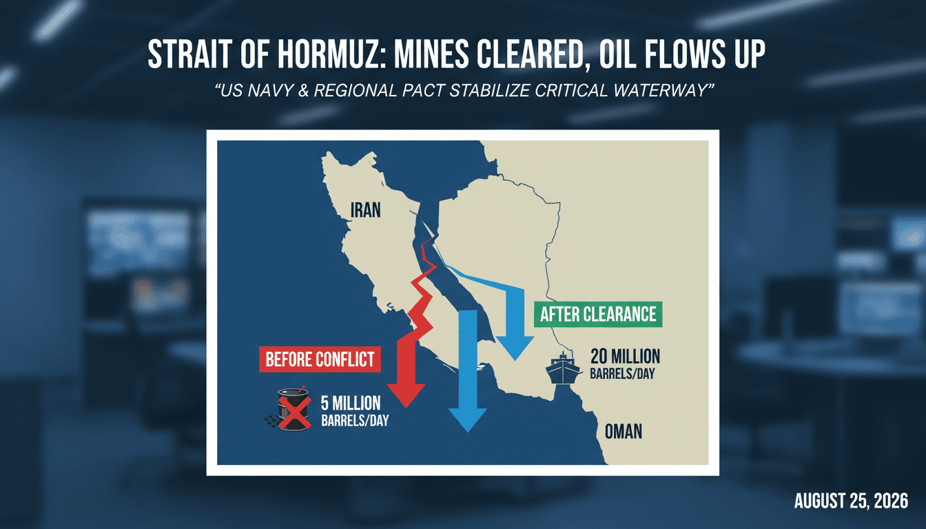 Infographic showing the Strait of Hormuz oil transit volumes before and after the conflict, highlighting Trump's announcement.