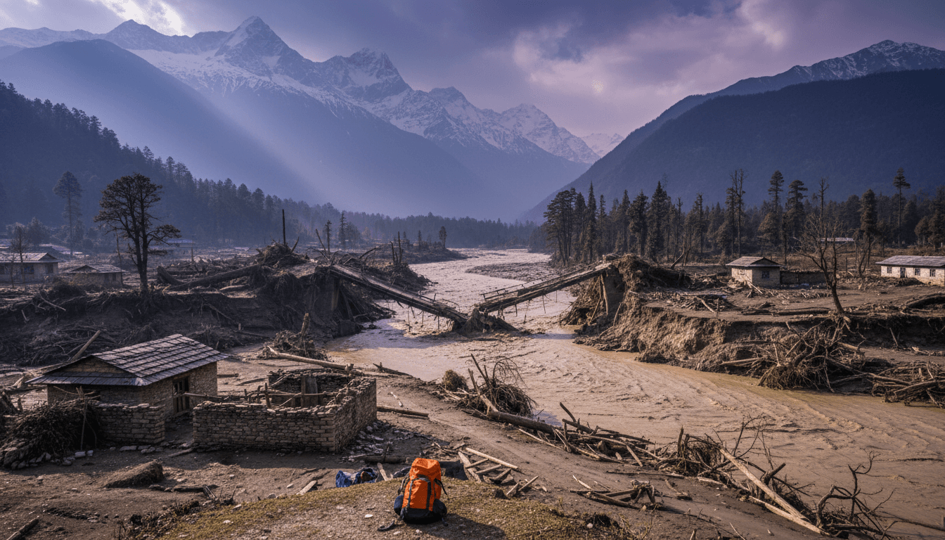 Aerial view of the destruction caused by the flash flood and mudslide at the Nepal-Tibet border, highlighting the devastation.