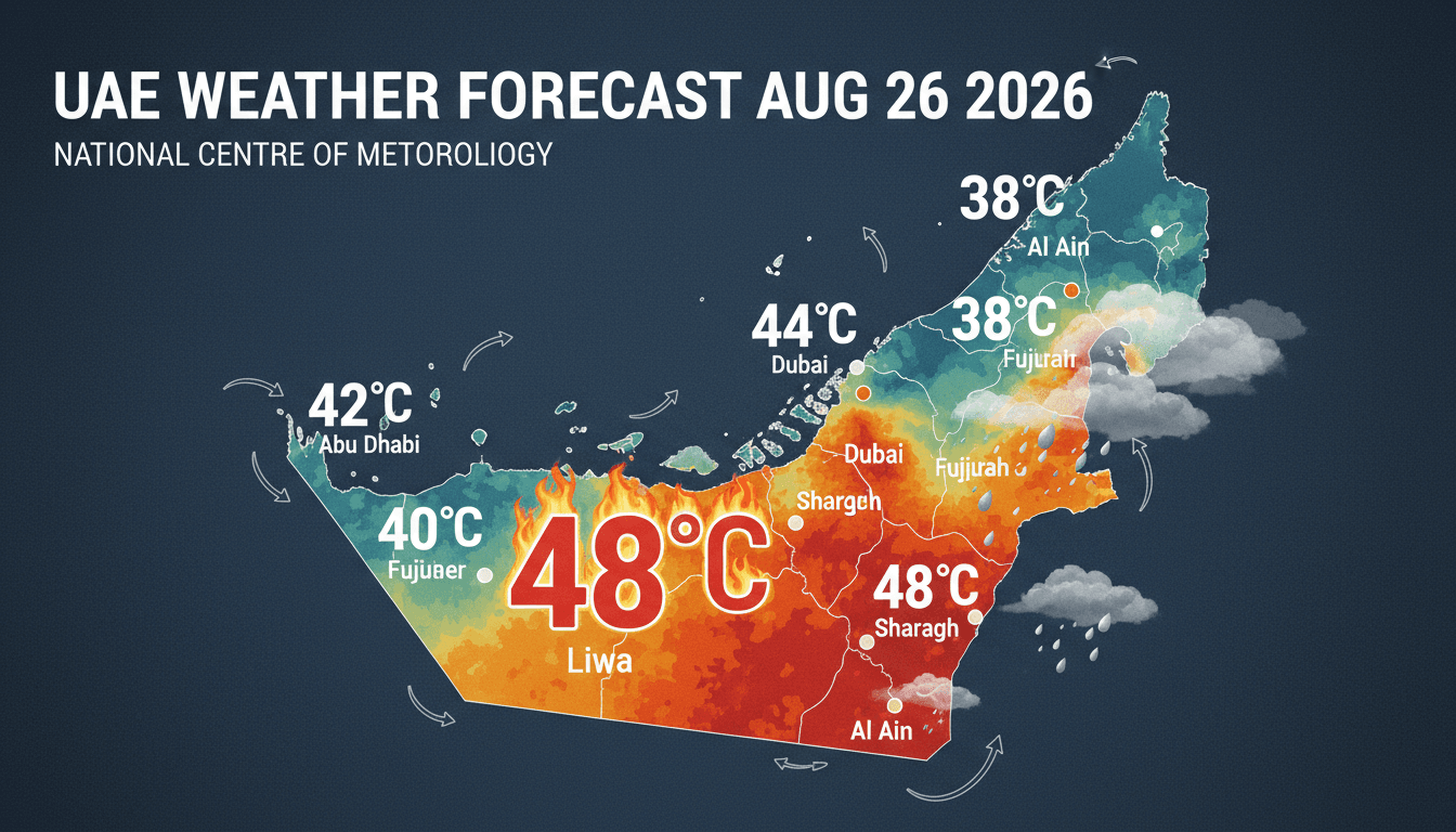 A weather forecast graphic for the UAE showing temperatures and cloud conditions for August 26, 2026.