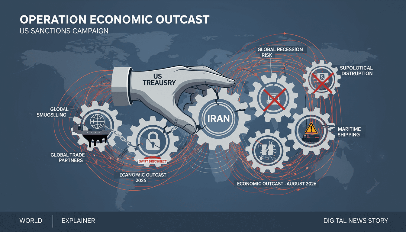 Infographic showing sectors targeted by US sanctions on Iran and their global trade implications.