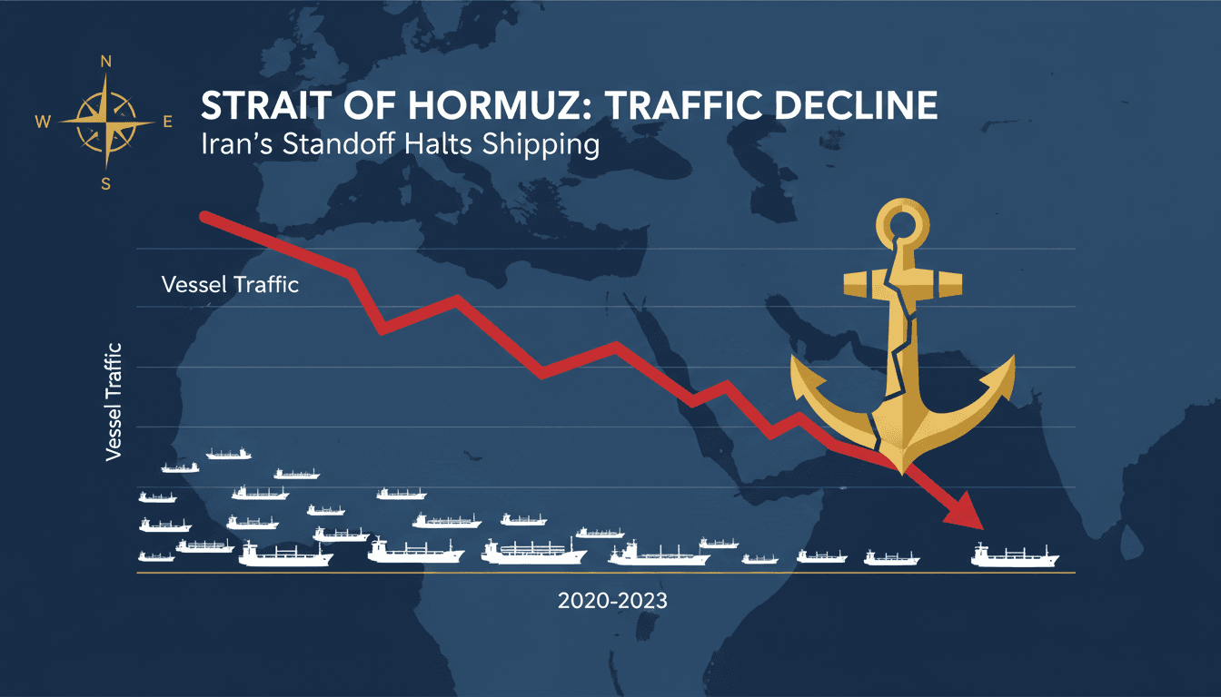 Infographic showing the decline in vessel traffic through the Strait of Hormuz and its implications.