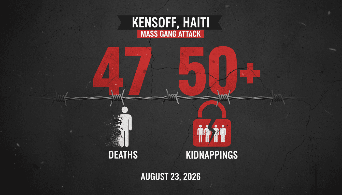 Infographic detailing the Kenscoff gang attack, highlighting casualties and kidnappings in Haiti.