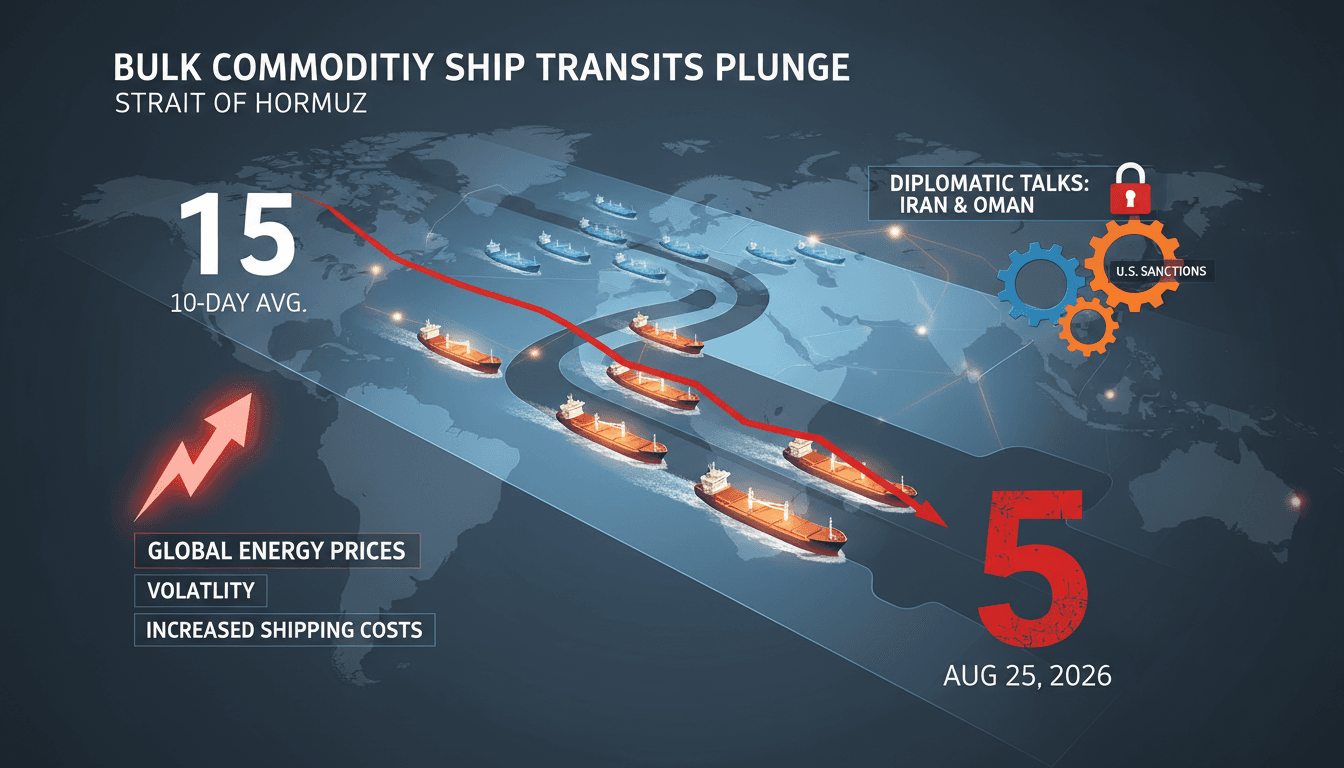 An infographic showing the decline in bulk commodity ship transits through the Strait of Hormuz and its effects on energy prices.