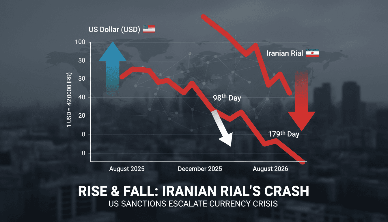 Infographic showing the depreciation of the Iranian rial against the US dollar amid escalating US sanctions.
