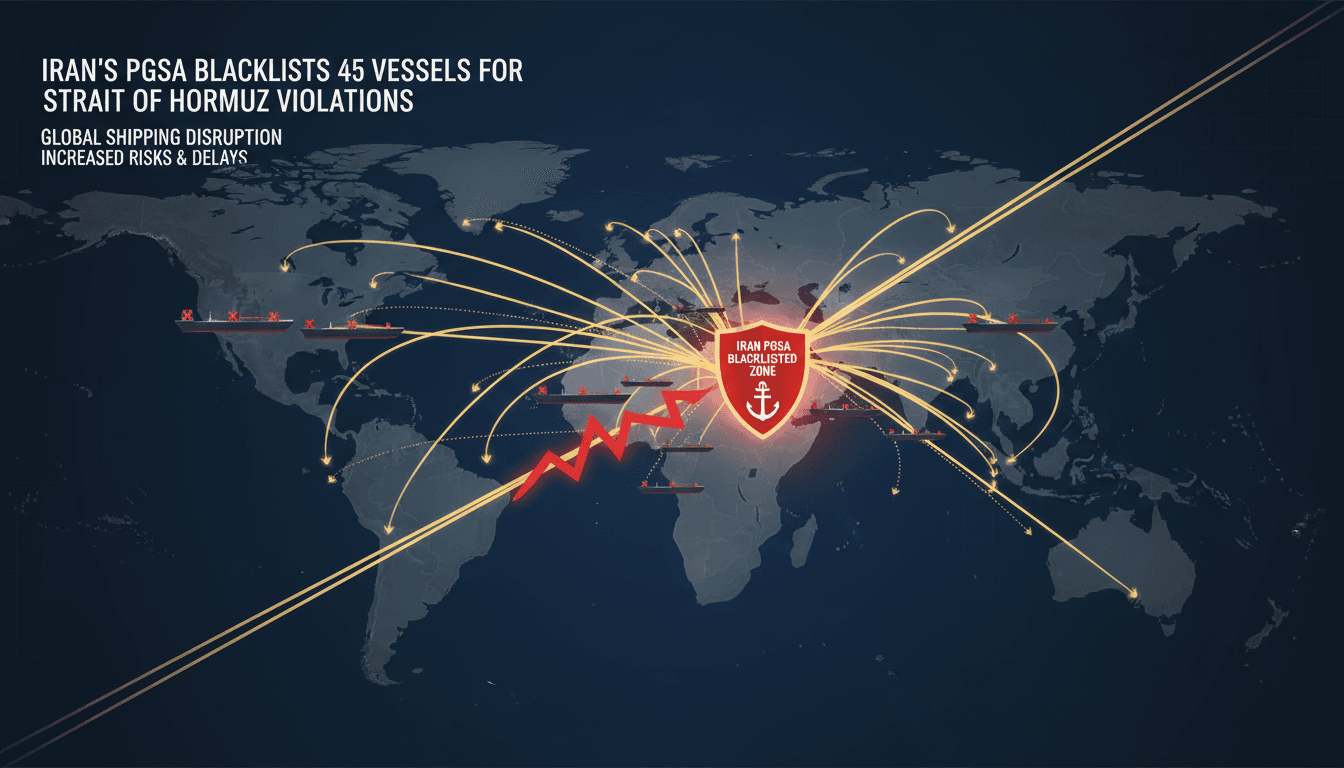 Infographic showing the impact of Iran's PGSA blacklisting vessels in the Strait of Hormuz on global shipping and oil exports.
