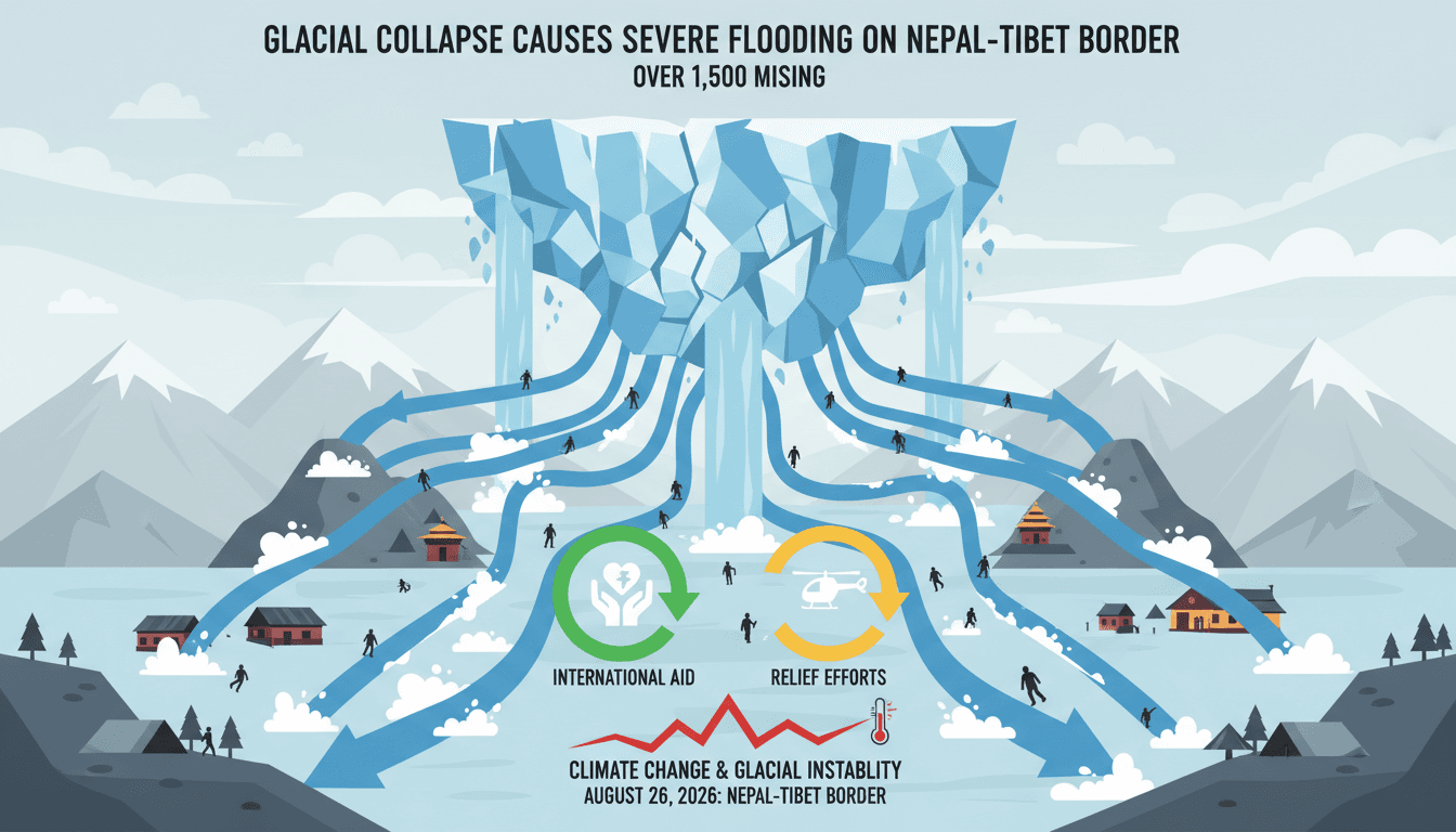 Aerial view of the Nepal-Tibet border showing flood damage and rescue operations after glacial collapse.