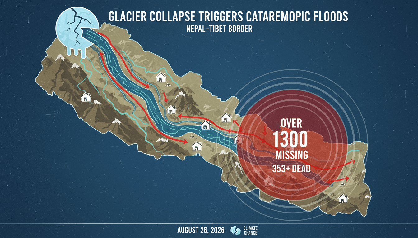 Infographic showing the impact of the glacier collapse on the Nepal-Tibet border, including affected areas and missing persons.