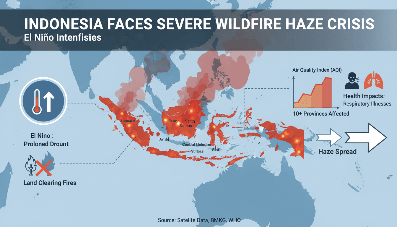 A map showing the spread of Indonesia's wildfires in 2026, highlighting affected regions and health impacts.