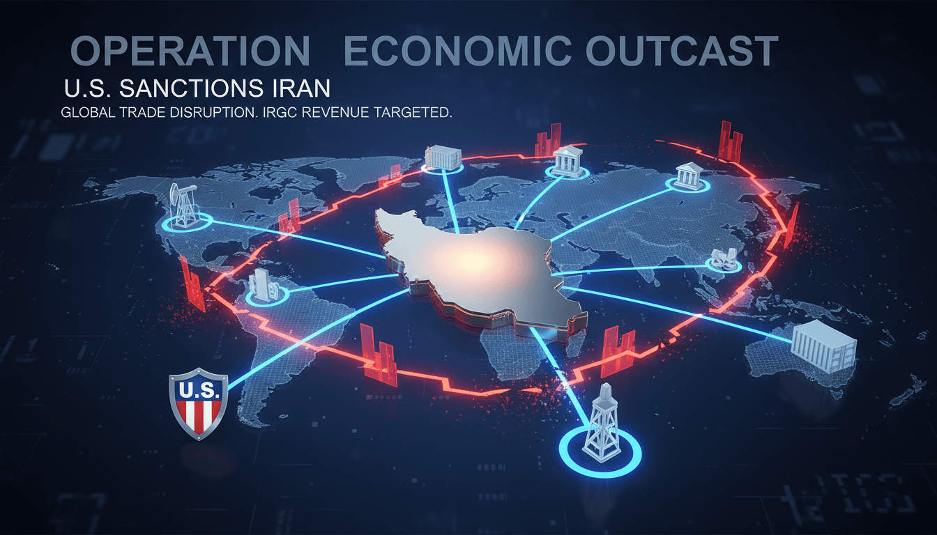 Infographic showing the impact of Operation Economic Outcast on Iran's economy and global trade dynamics.