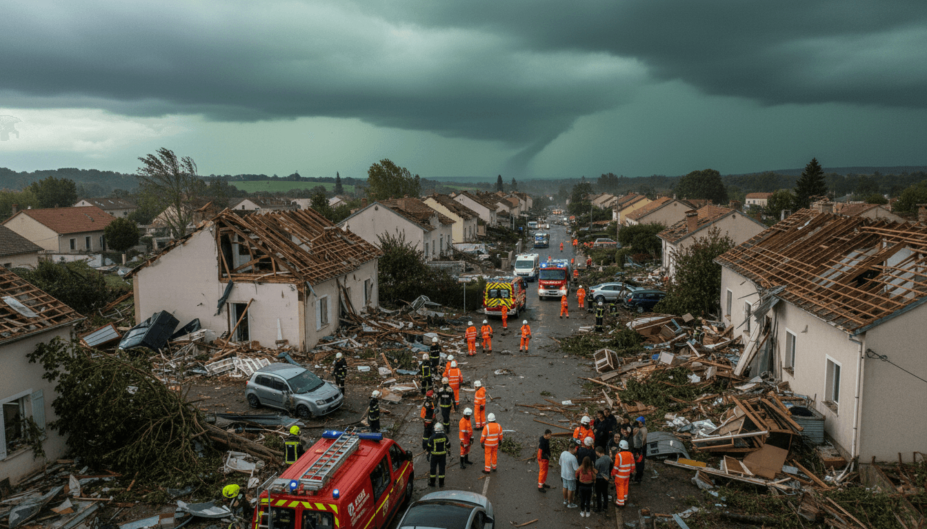 Aftermath of the tornado in Pomas, showing damaged homes and emergency responders.