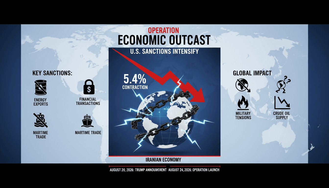 Infographic illustrating the impact of Trump's economic war on Iran, highlighting sanctions and projected economic contraction.