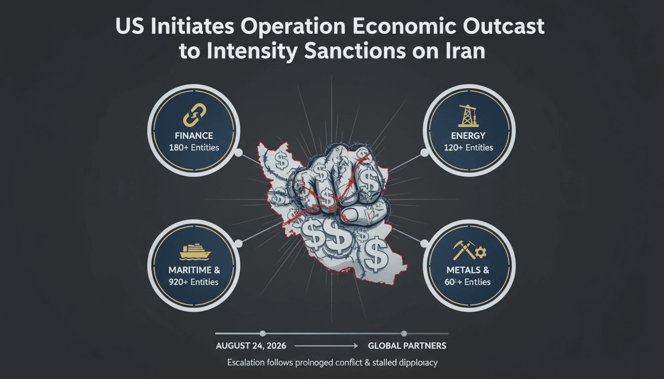 Infographic detailing US sanctions on Iran, highlighting affected sectors and entities.