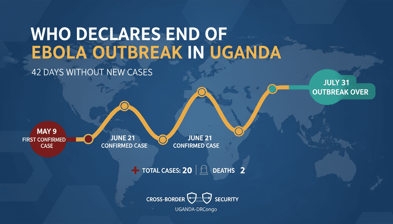 Infographic showing the timeline and statistics of the Ebola outbreak in Uganda, including key dates and case numbers.