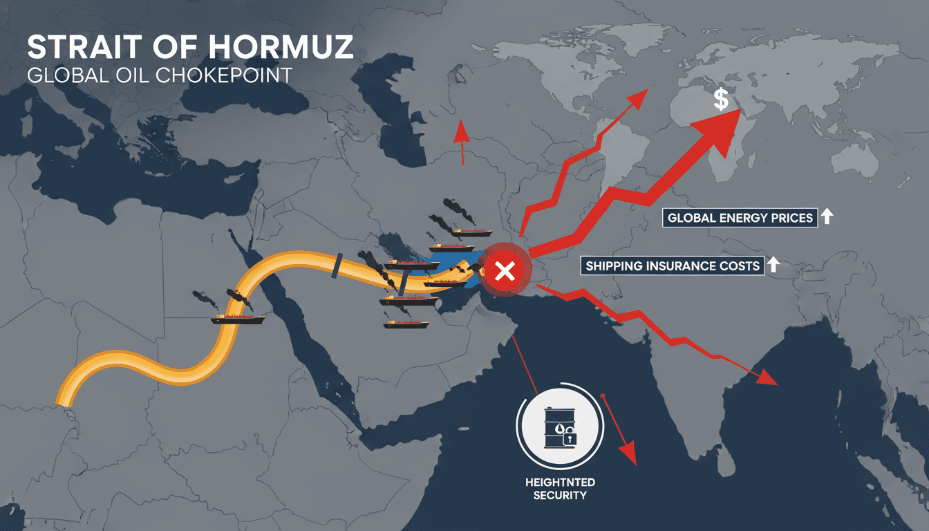 An oil tanker navigating the Strait of Hormuz, highlighting maritime risks and energy transit challenges.
