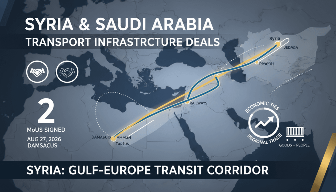 Infographic showing new transport corridors between Syria and Saudi Arabia, highlighting key statistics and trade routes.