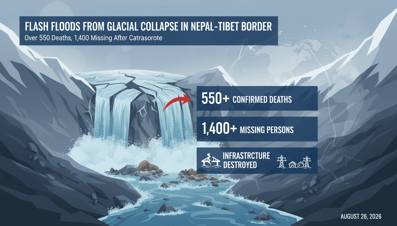 Infographic showing the impact of the Nepal-Tibet flash floods, including death toll and affected areas.
