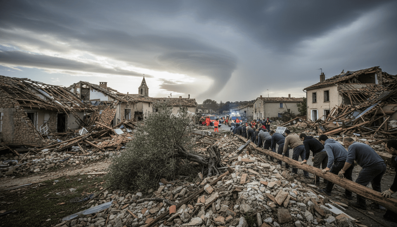 Aftermath of the tornado in Pomas, showing damaged homes and emergency response efforts.