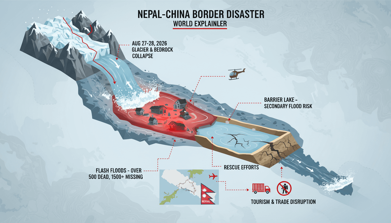 A visual representation of the Nepal-China border floods, showing affected areas and rescue operations.