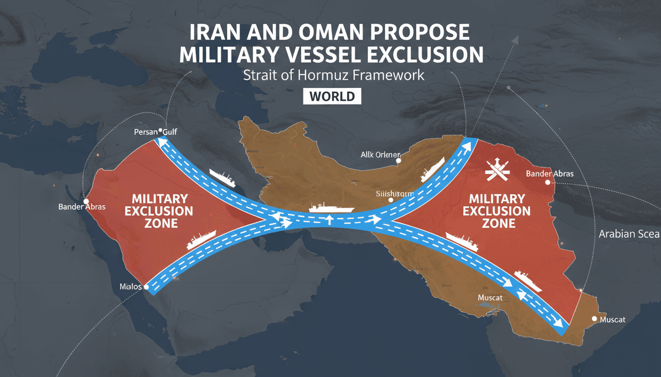 A map showing the proposed navigational corridor in the Strait of Hormuz, highlighting military exclusion zones and shipping routes.