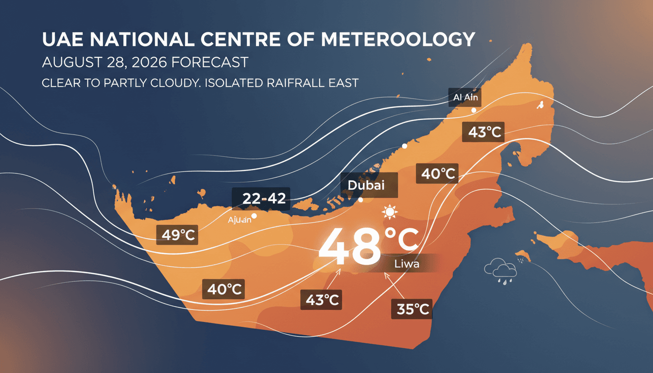 A weather forecast graphic for the UAE showing temperatures and conditions for August 28, 2026.