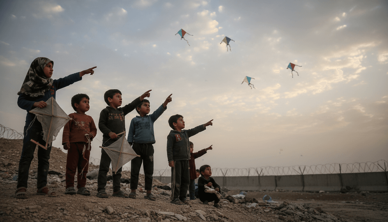 Children in Gaza looking at kites, symbolizing lost freedom amid conflict.