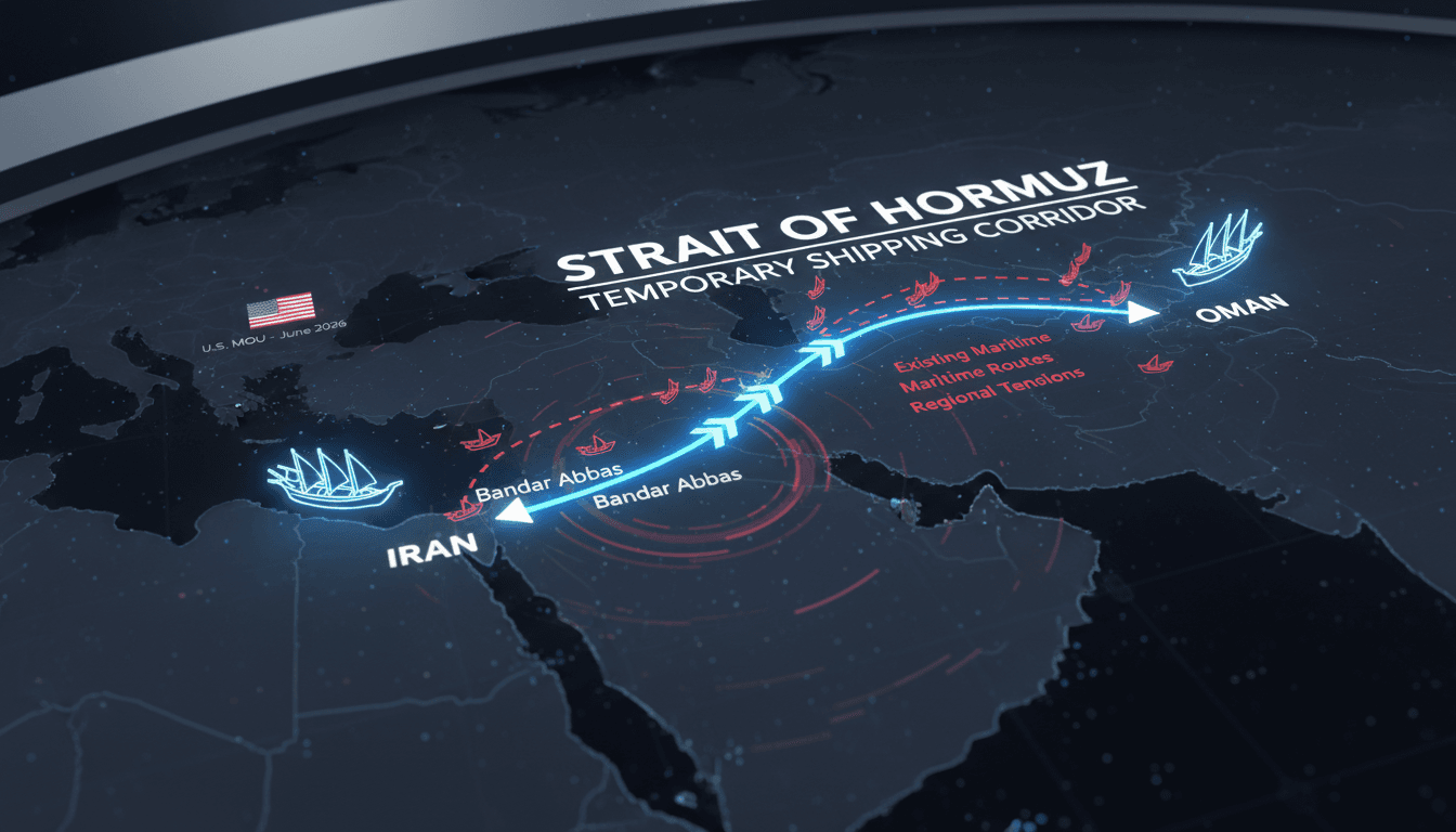 A map showing the proposed temporary shipping corridor through the Strait of Hormuz, highlighting key routes and geopolitical tensions.