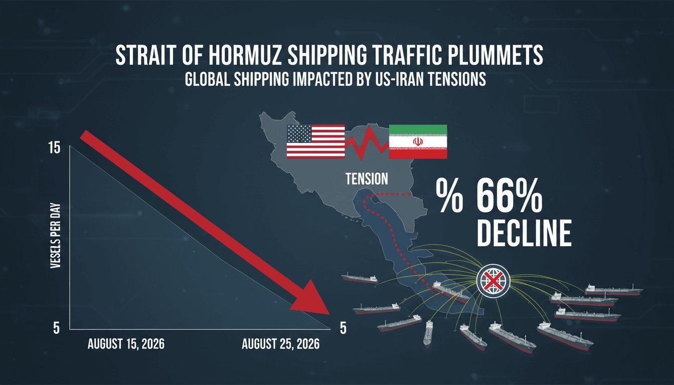 Infographic showing the decline in vessel traffic through the Strait of Hormuz due to ongoing US-Iran conflict.