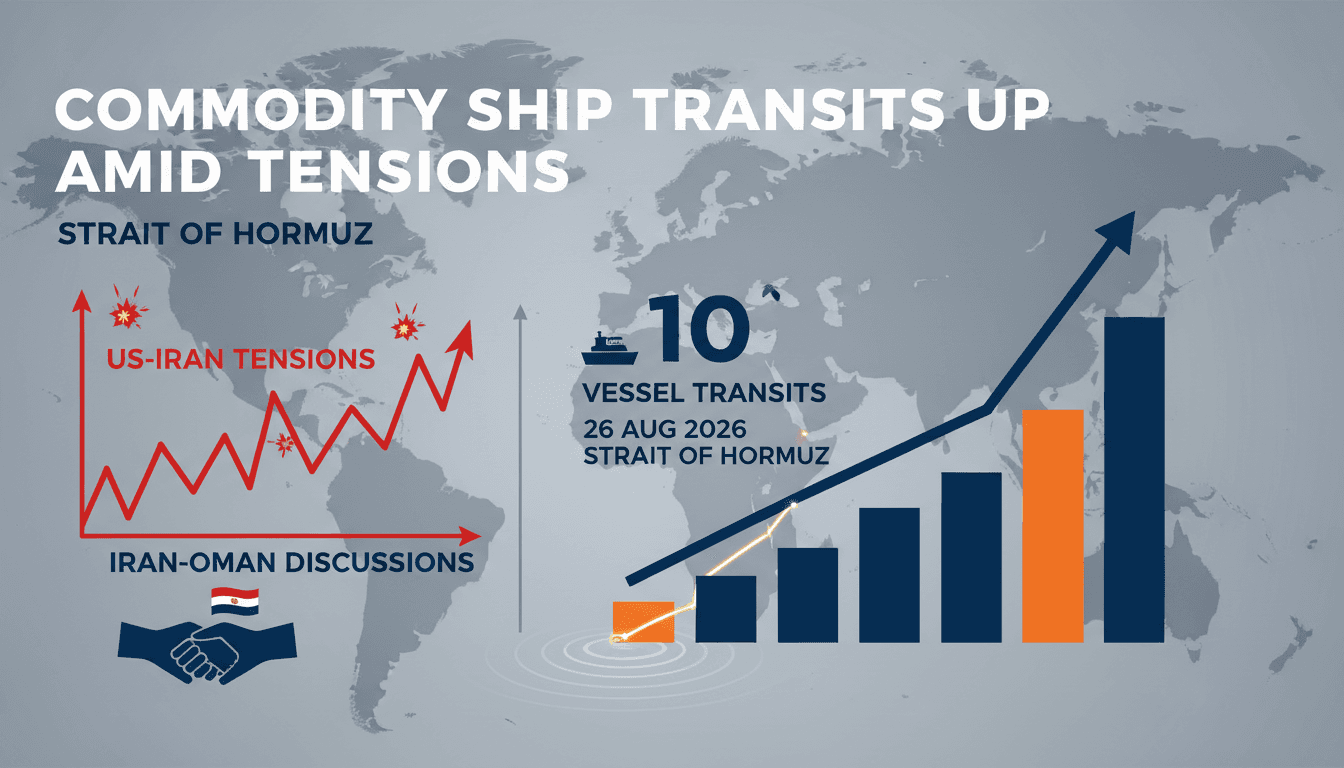 Infographic showing vessel transits through the Strait of Hormuz amid geopolitical tensions.