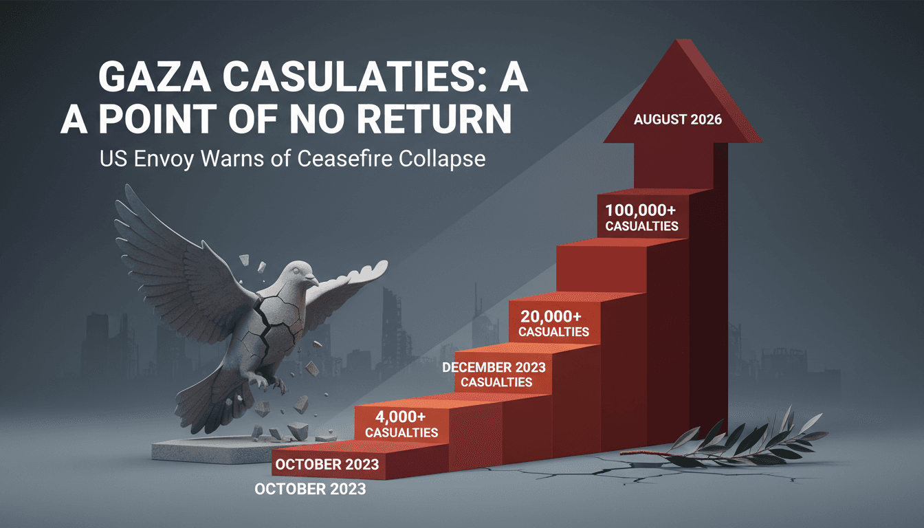 Infographic showing rising casualty figures in Gaza since October 2023, highlighting the Israel-Hamas ceasefire crisis.