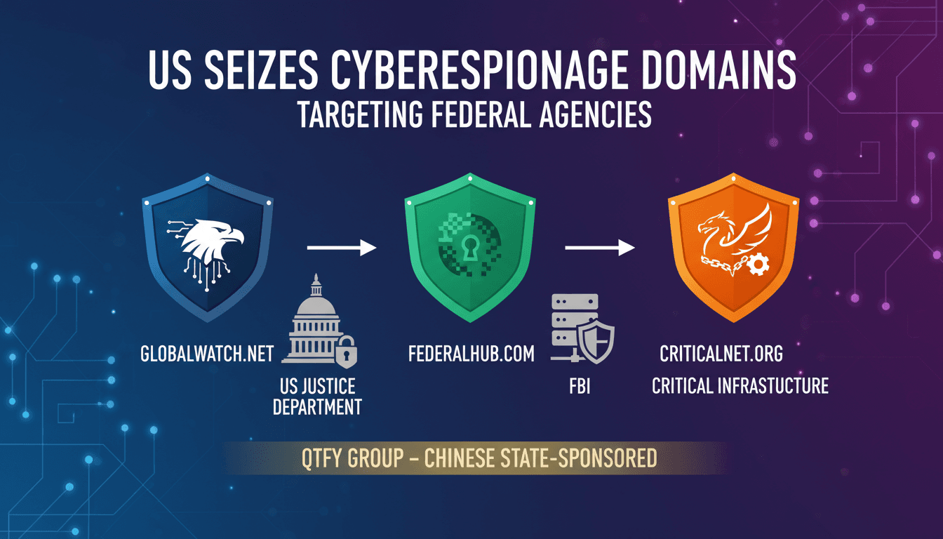 Infographic detailing the US seizure of domains linked to Chinese state-sponsored cyber espionage targeting federal agencies.