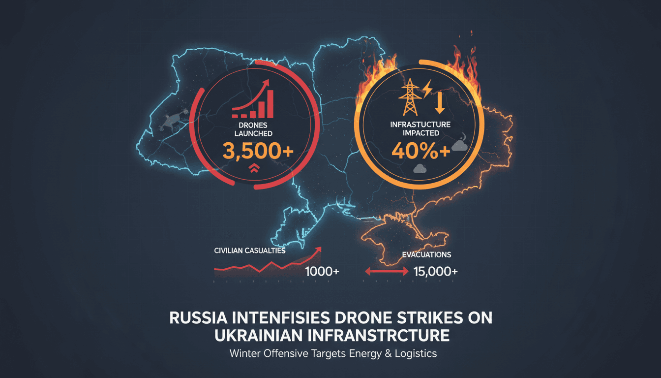 Infographic showing the impact of Russia's drone strikes on Ukraine's infrastructure and energy supply.