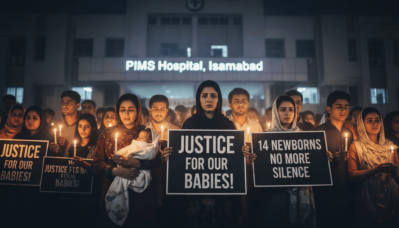 A candlelight vigil for the 14 newborns lost in the PIMS hospital fire, highlighting the need for improved healthcare safety.