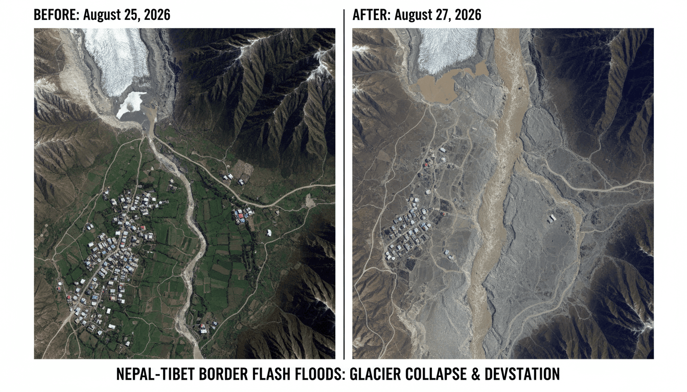 Satellite imagery showing the destruction caused by the glacier collapse and subsequent floods in Nepal.
