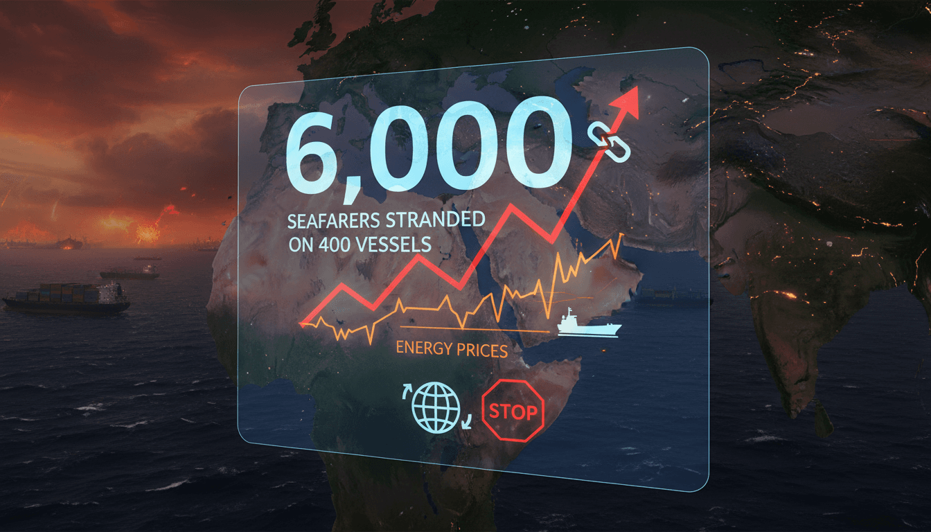Infographic showing 6,000 seafarers stranded in the Persian Gulf due to ongoing tensions, highlighting the impact on global trade.