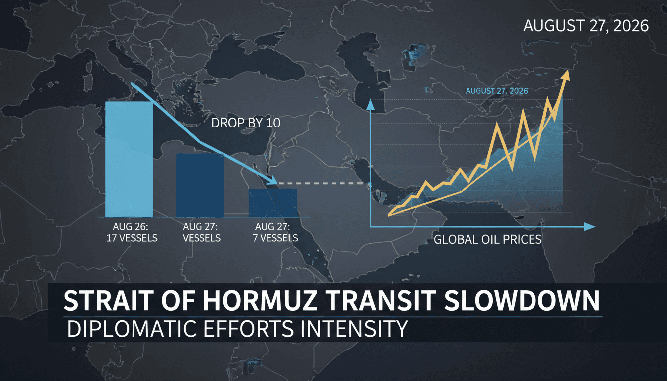 Infographic showing the decline in Strait of Hormuz vessel transits and its impact on global energy prices.