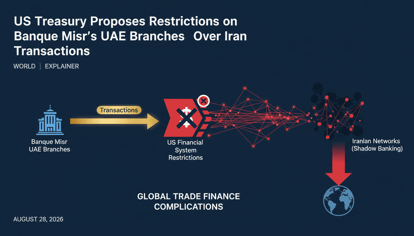 Infographic showing transaction flows from Banque Misr's UAE branches to Iranian networks, highlighting financial implications of US restrictions.