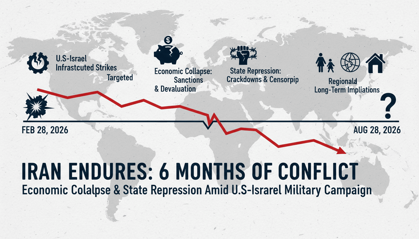 Infographic detailing the U.S.-Israel military campaign against Iran and its effects on civilians and global fuel prices.