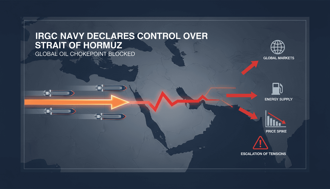 A map showing the Strait of Hormuz and its significance in global oil trade, highlighting the IRGC Navy's control.