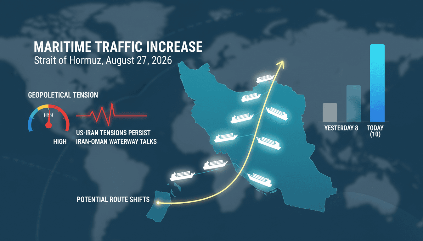 An infographic depicting the increase in vessel traffic through the Strait of Hormuz amid geopolitical tensions.