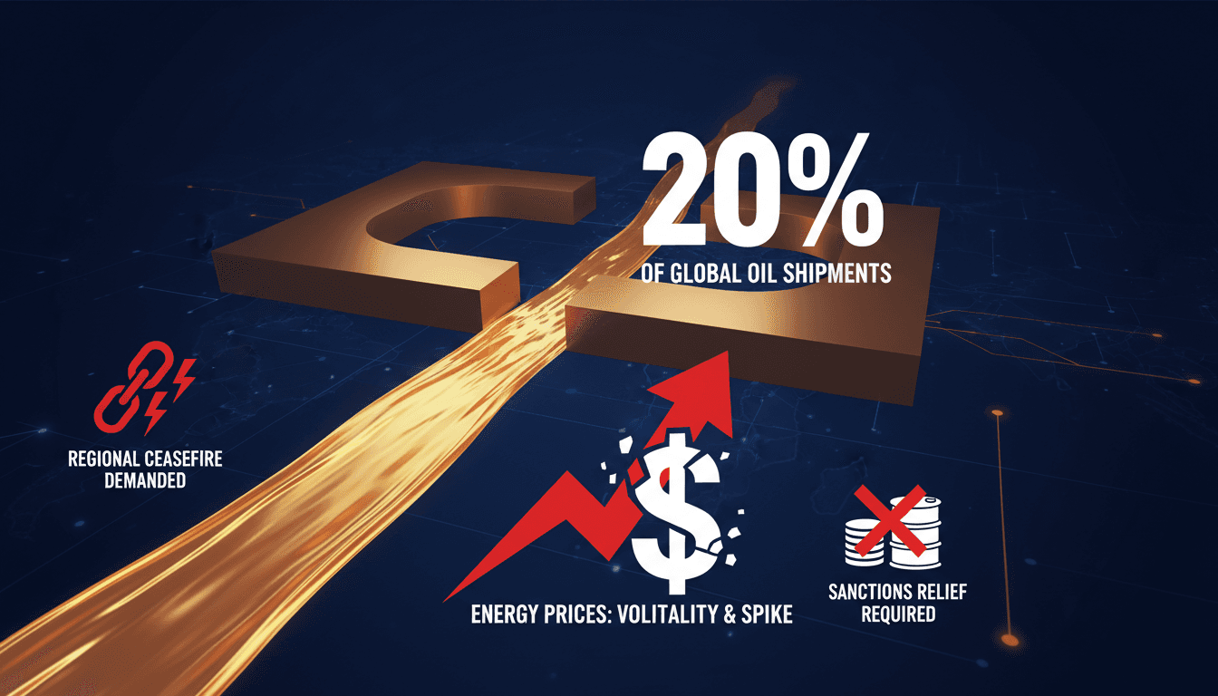 Infographic showing the percentage of global oil shipments through the Strait of Hormuz and its implications for energy prices.