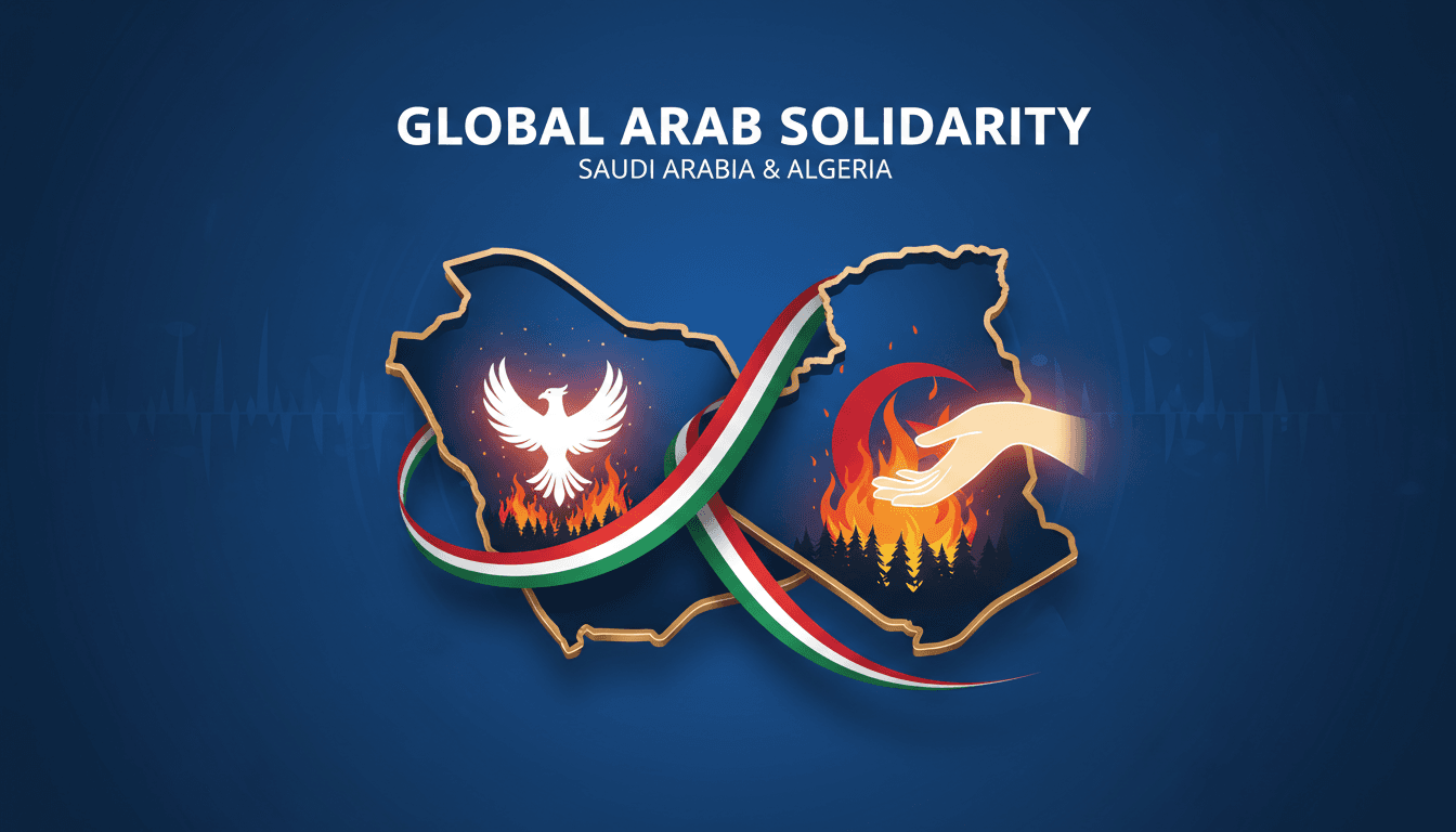 A graphic depicting Arab nations united in solidarity during crises, emphasizing humanitarian support.