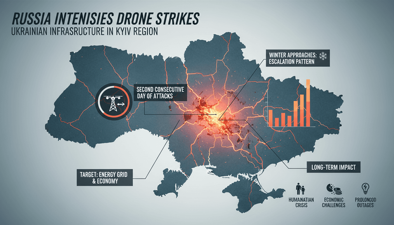Infographic showing damage from Russian drone strikes on Ukrainian infrastructure, including statistics and civilian impacts.