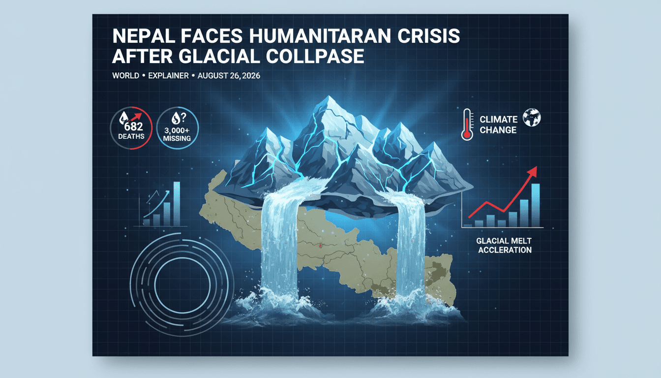 A dramatic image showing the aftermath of glacial collapse floods in Nepal, emphasizing climate vulnerability and water security issues.