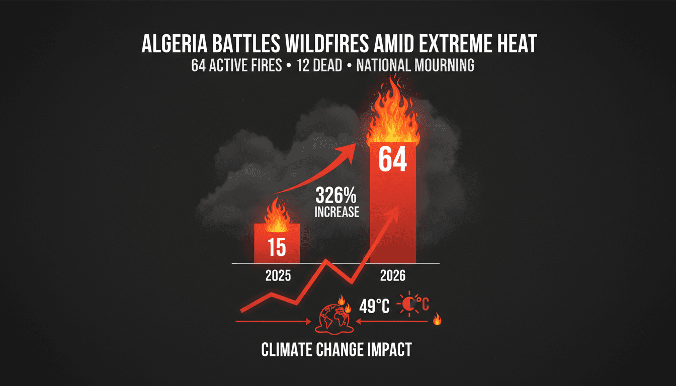 A graphic illustrating the rise in wildfire incidents in Algeria, emphasizing the impact of climate change on agriculture.