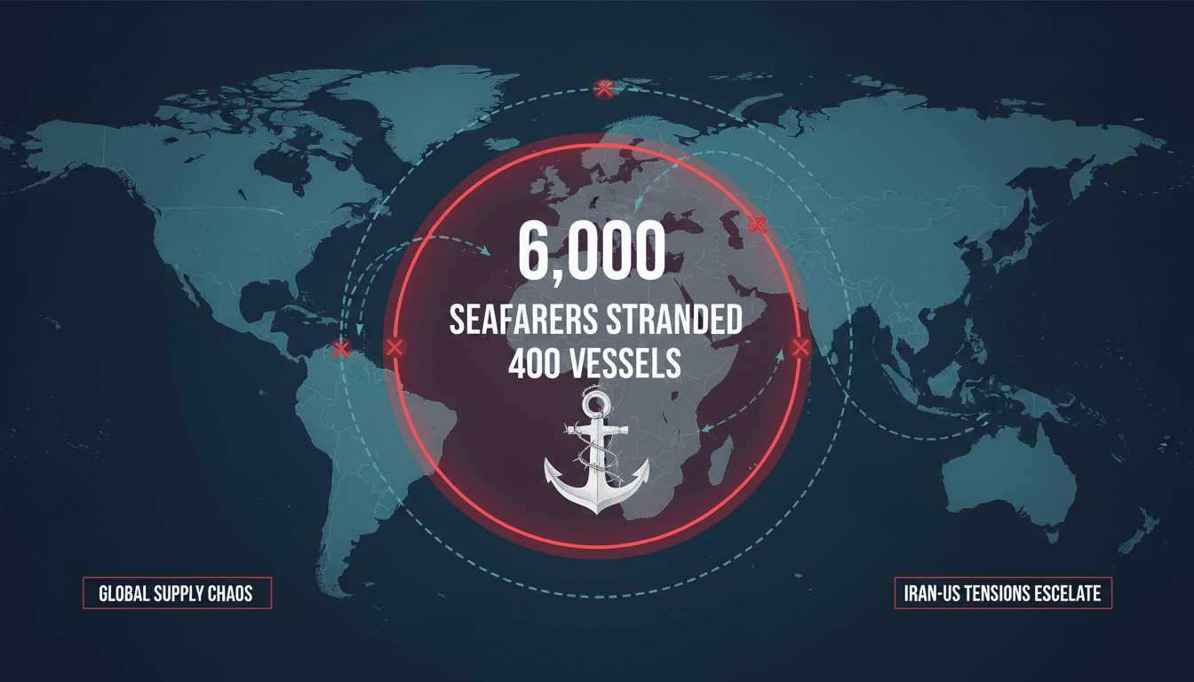 Infographic showing stranded seafarers in the Strait of Hormuz and its impact on global shipping.