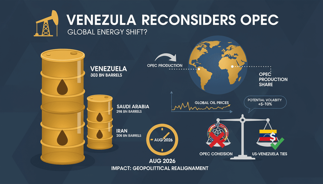 Infographic showing Venezuela's oil reserves and potential impact of OPEC exit on global energy prices.