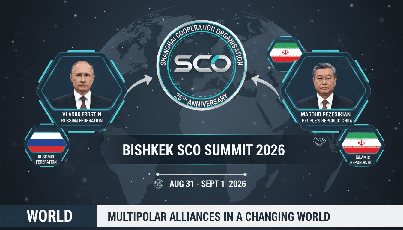 Infographic of leaders attending the Bishkek SCO Summit, highlighting their countries and roles.