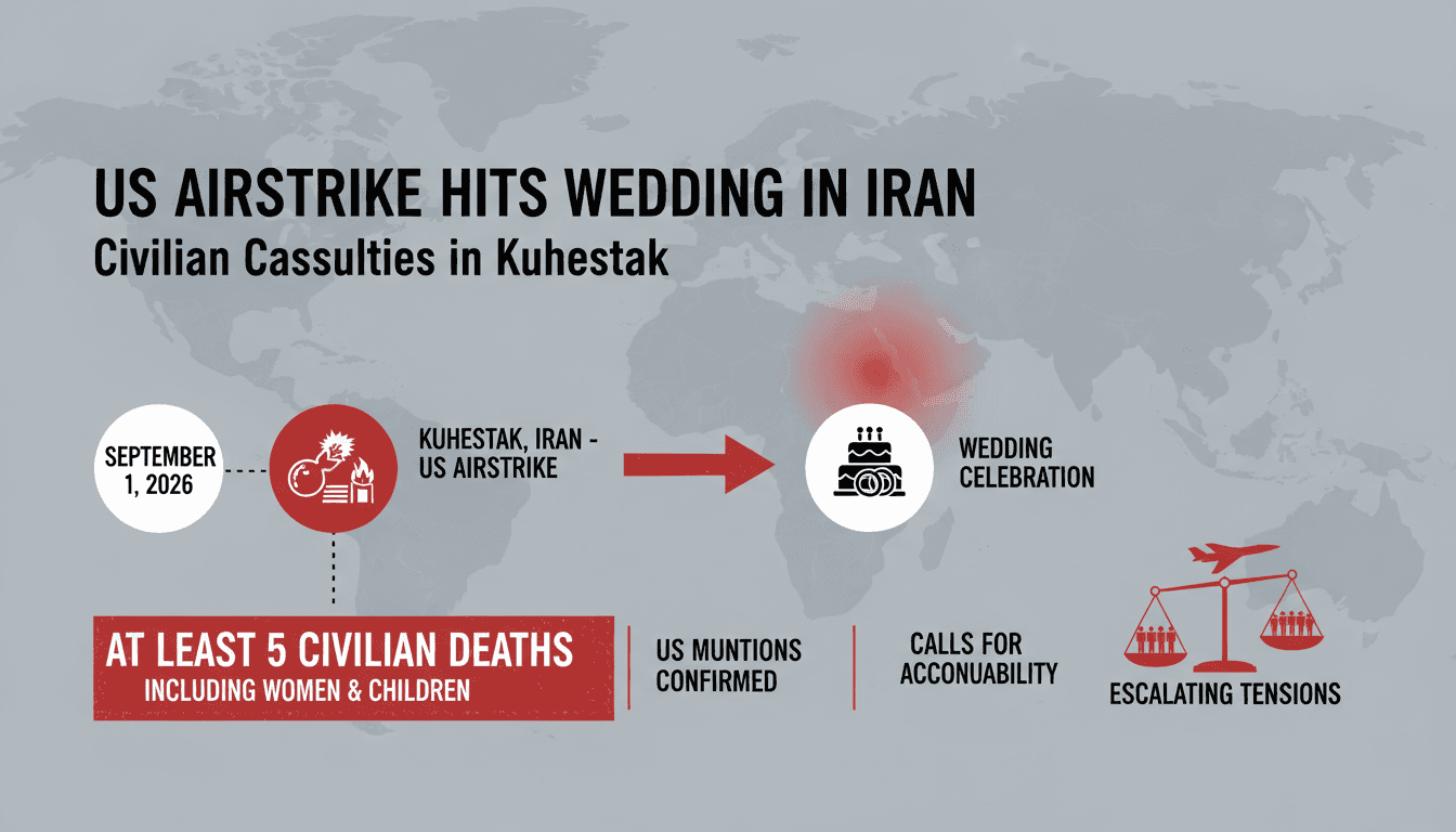Infographic detailing the US airstrike on a wedding in Kuhestak, Iran, highlighting casualties and military implications.