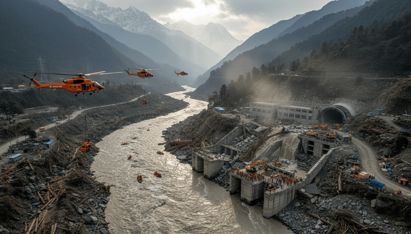 Aerial view of Nepal's flood-affected hydropower infrastructure and ongoing rescue operations.